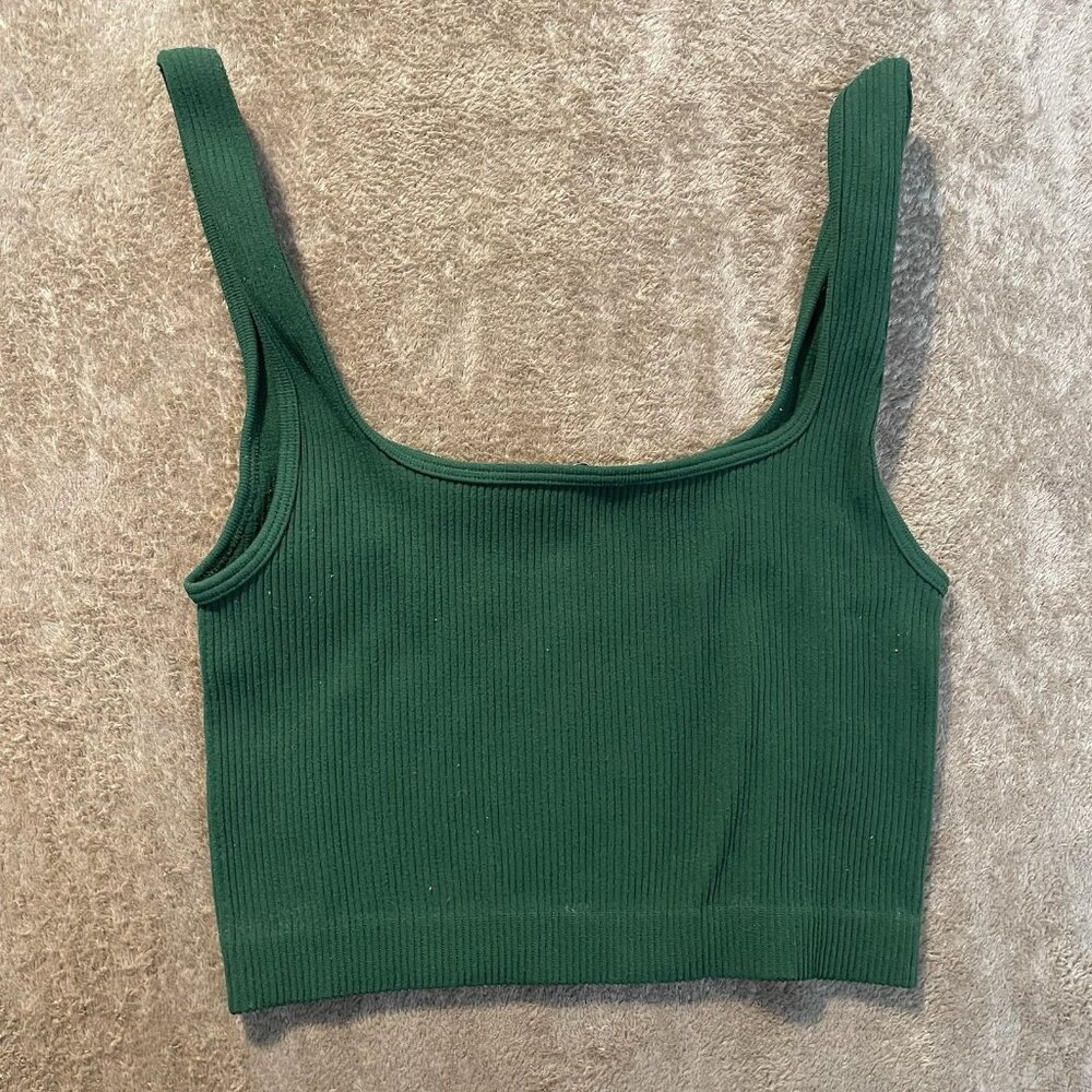 Zara Crop‎ Top Womens XS Emerald Green Ribbed Tank Short Sleeveless Stretch